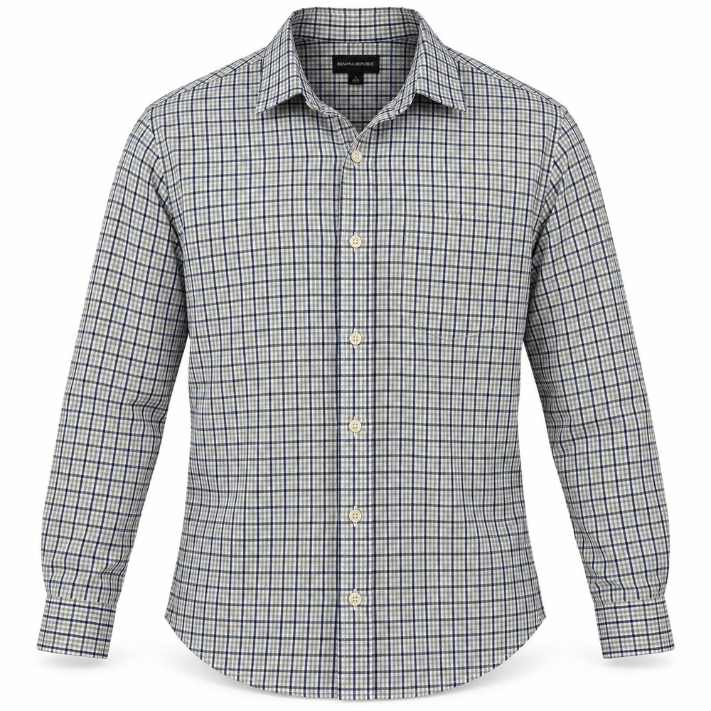 Banana Republic Mens XL Slim Fit Non Iron Plaid Button Down Shirt Navy Green